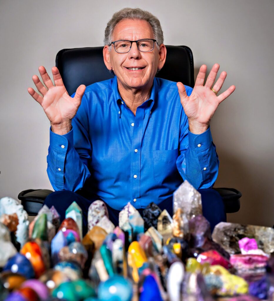 Jeffrey Eisen smiling with his collection of crystals